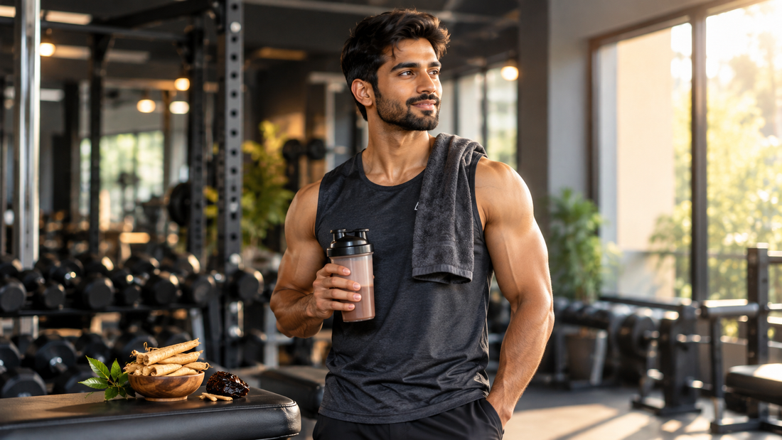 Fit Indian man holding a protein shaker in a gym, with Ashwagandha roots and Shilajit resin beside him