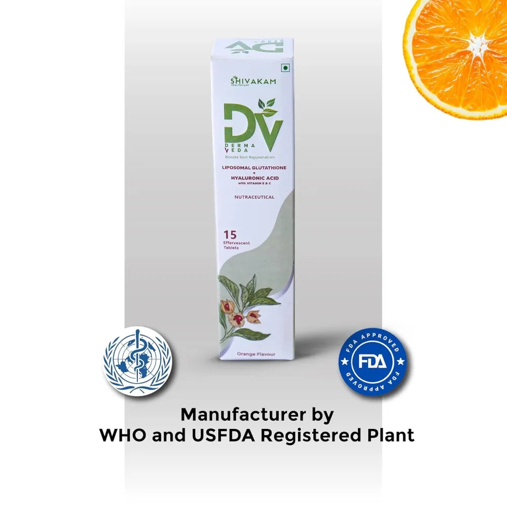 Derma Veda Skin Supplement with Liposomal Glutamine, Hyaluronic Acid, Turmeric for Skin Brightening and Hydration, Effervescent Tablets 15 (3 Packs)
