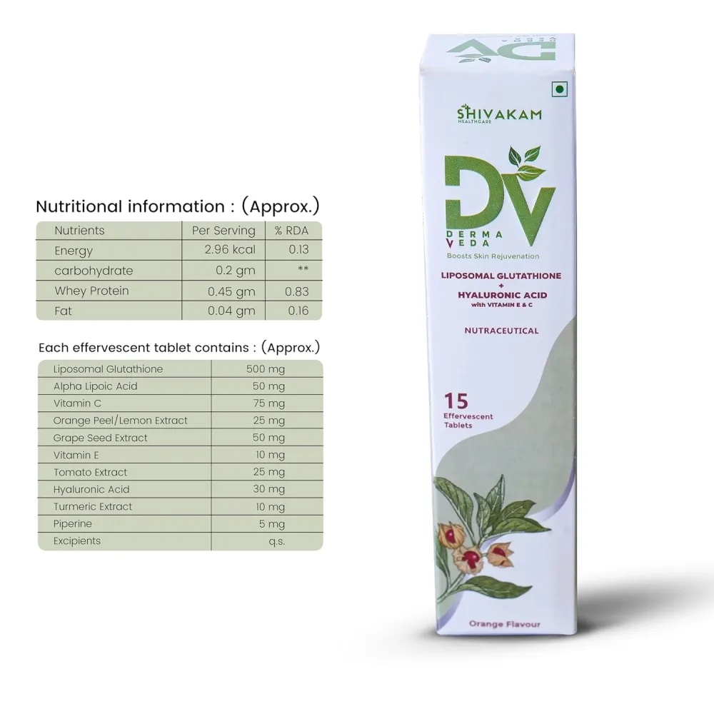 Derma Veda Skin Supplement with Liposomal Glutamine, Hyaluronic Acid, Turmeric for Skin Brightening and Hydration, Effervescent Tablets 15 (3 Packs)