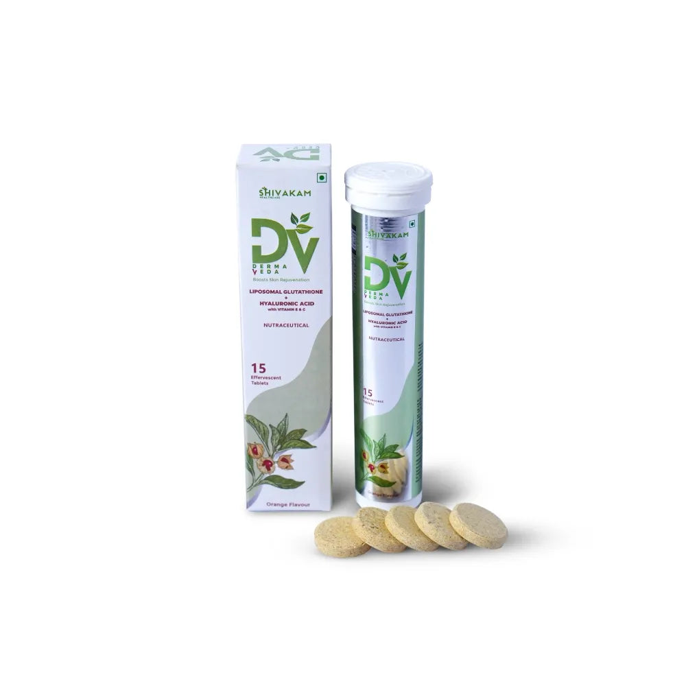 Derma Veda Skin Supplement with Liposomal Glutamine, Hyaluronic Acid, Turmeric for Skin Brightening and Hydration, Effervescent Tablets 15 (3 Packs)